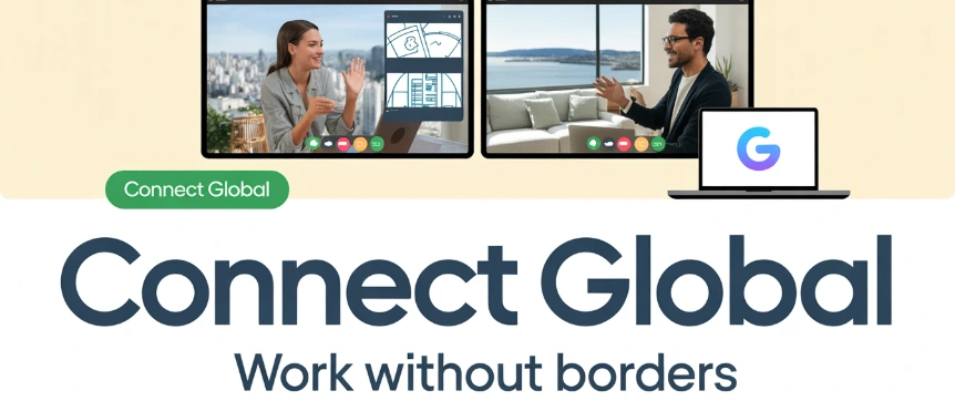 Banner showing two professionals video conferencing from different locations, with the text 'Connect Global – Work without borders' and a 'G' logo displayed on a laptop screen.