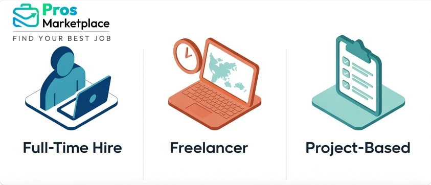 Three illustrated icons represent hiring types: Full-Time Hire (person with laptop), Freelancer (laptop with clock and world map), and Project-Based (clipboard checklist). Pros Marketplace logo and tagline appear above.