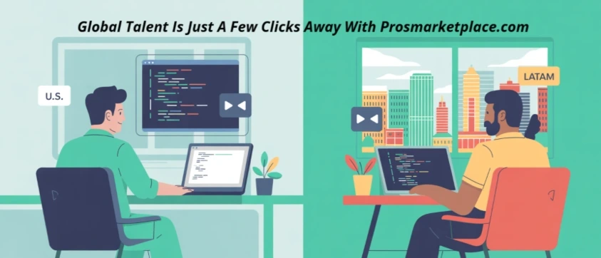 Split-screen cartoon-style image showing a U.S.-based manager working with remote professionals overseas. Text reads “Global Talent is Just A Few Clicks Away With ProsMarketplace.com