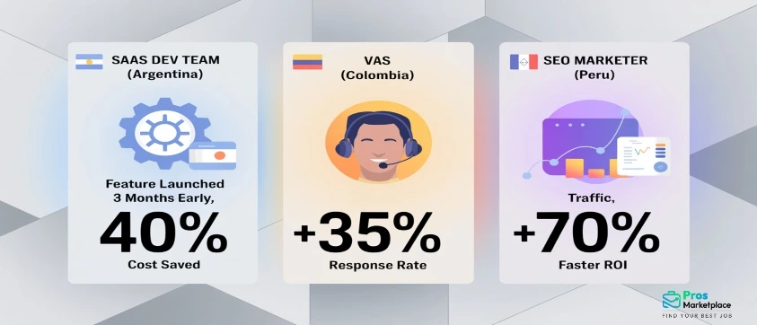 Three success stories featuring LATAM hires: Argentina-based SaaS dev team saved 40% cost and launched early, Colombian VAs improved response rate by 35%, and Peruvian SEO marketer delivered 70% faster ROI. Pros Marketplace logo is included.