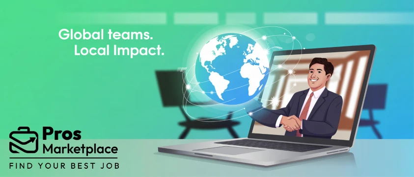 A businessman smiles while shaking hands with a suited man whose arm extends from a laptop screen, with a digital globe between them, symbolizing global remote job connections via Pros Marketplace. 