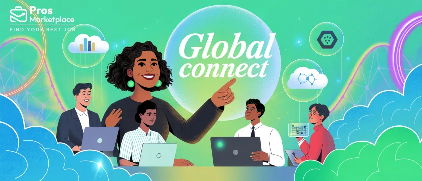A woman points toward a glowing bubble with the words "Global connect" as she collaborates with two male colleagues on laptops, symbolizing international teamwork.