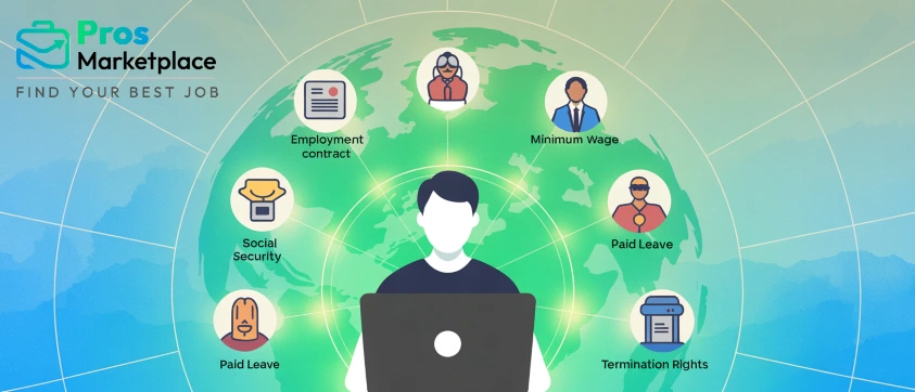A stylized figure works at a laptop in front of a digital globe, with employment law icons surrounding them—such as minimum wage, paid leave, termination rights, employment contracts, and social security.