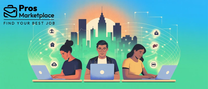 Three remote professionals work on laptops with a glowing digital network connecting icons related to finance, home, and security. A city skyline glows in the background, symbolizing remote tech infrastructure.