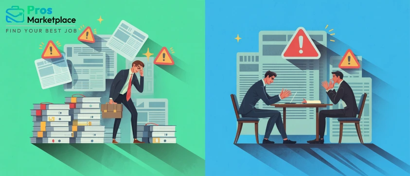 Two contrasting scenes: on the left, a stressed employee stands beside stacks of paperwork and red warning signs; on the right, two businessmen have a tense discussion under a red exclamation mark, representing legal or contractual disputes.