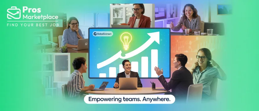 A diverse group of professionals collaborates in a modern office, viewing a large screen with a glowing arrow trending upward, symbolizing tech-driven business growth