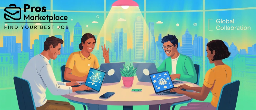 Four professionals collaborate around a round table with laptops showing global connection graphics. The background shows a bright city skyline, and the words “Global Collaboration” appear on the right side next to the Pros Marketplace logo.