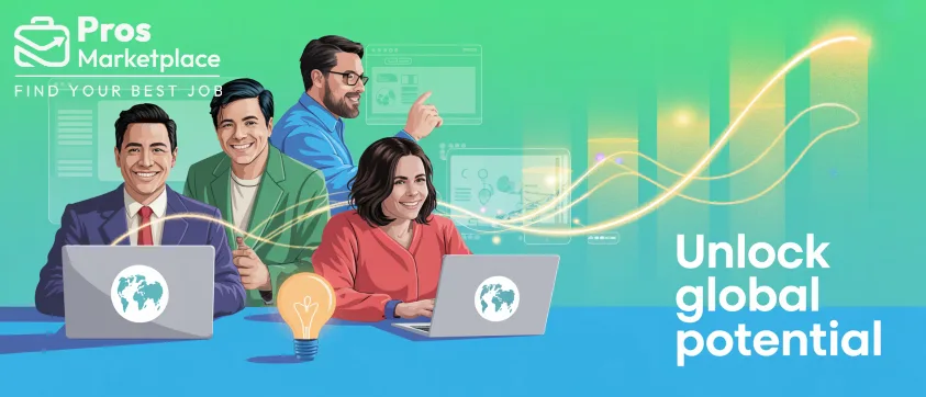 Four smiling professionals are seated with laptops in front of a vibrant green digital background, with glowing data connections linking them remotely through the Pros Marketplace platform