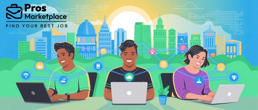 Three smiling professionals sit outdoors with laptops, digitally connected to various job-related icons such as cloud computing, productivity, and skills. A colorful cityscape rises behind them under a bright sun.