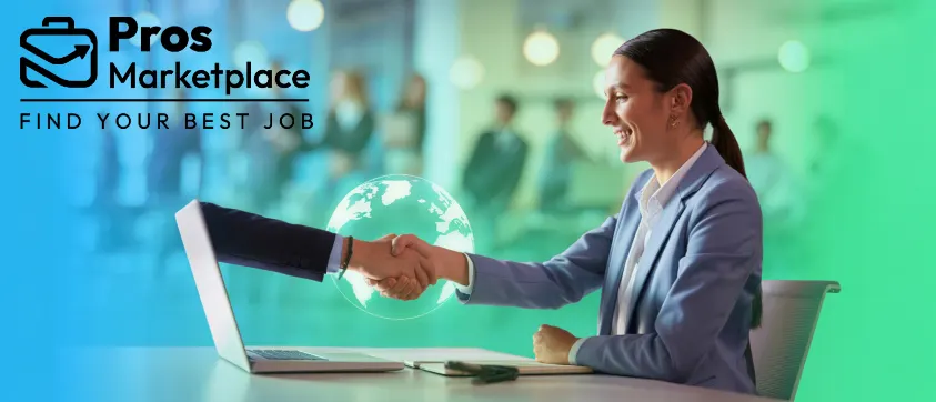 A businesswoman smiles while shaking hands with a suited man whose arm extends from a laptop screen, with a digital globe between them, symbolizing global remote job connections via Pros Marketplace.