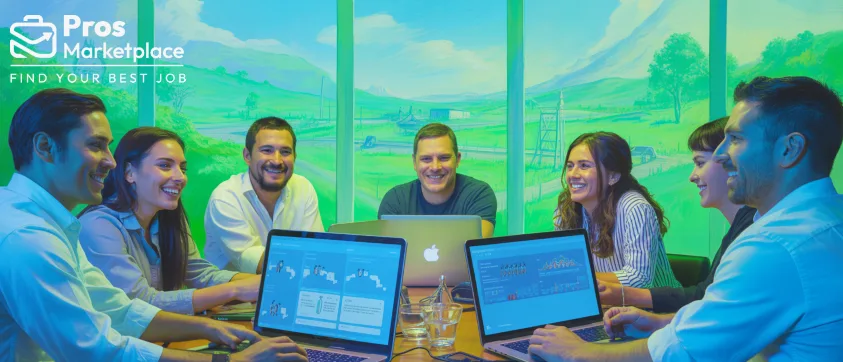 A diverse team of professionals gathers around a wooden table with laptops, smiling and collaborating. The scene is set in front of a vibrant mural of a countryside landscape, blending nature with tech workspaces.