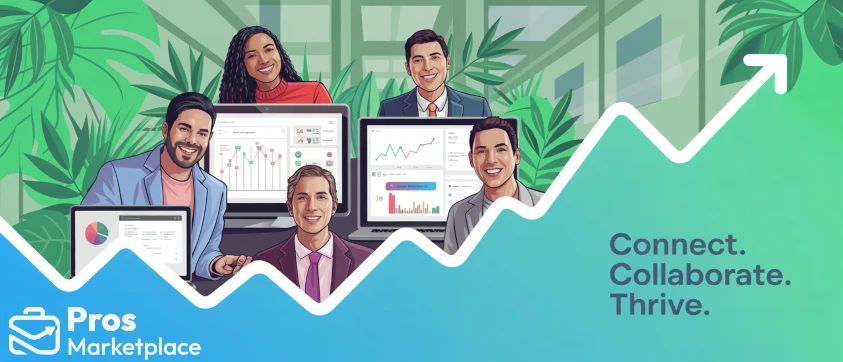 Five team members sit confidently in an office surrounded by charts and graphs on screens, with a rising graph line across the foreground indicating digital success and growth