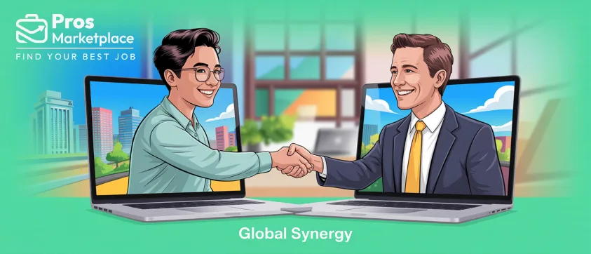 Two professional men shake hands confidently across a desk in a bright office setting, highlighting successful business collaboration