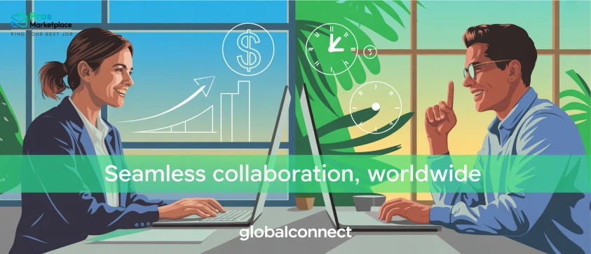 Illustrated image of a woman and man smiling and working at laptops from different locations, with overlay icons of time, money, and growth to represent global collaboration.