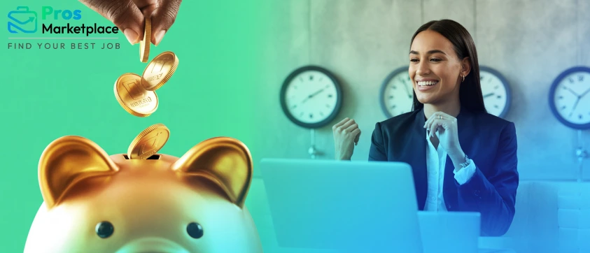 A cheerful businesswoman celebrates at her laptop as coins drop into a large golden piggy bank in the foreground, symbolizing financial success.