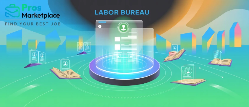 A futuristic digital labor bureau glows at the center, surrounded by open books and floating digital profiles, set against a vibrant city skyline. The scene symbolizes modern labor records and legal employment infrastructure.