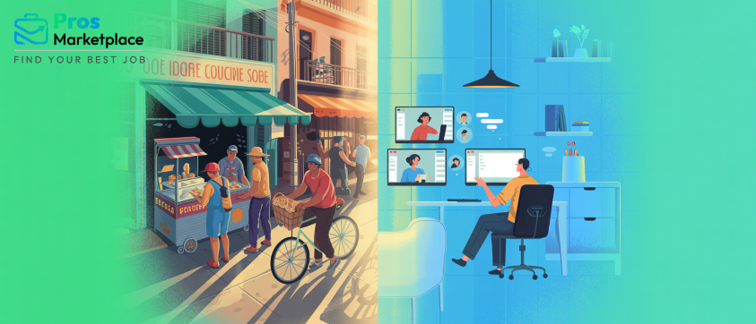 Split scene showing traditional street vendors in a Latin American town on one side, and a remote worker in a digital home office on the other, representing hybrid and remote work environments.