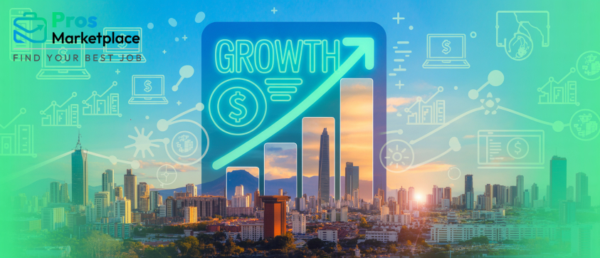 A city skyline overlaid with upward growth graphs and business icons, featuring a large “GROWTH” text in neon style, symbolizing economic and hiring expansion