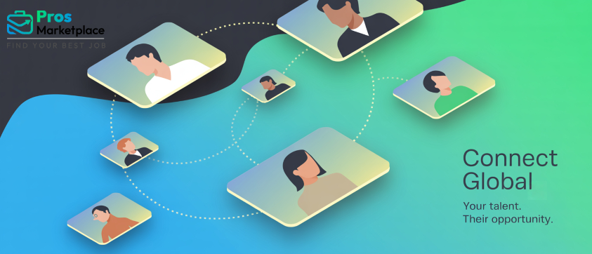 A stylized digital network connecting illustrated global professionals on floating tiles, with text “Connect Global – Your talent. Their opportunity".