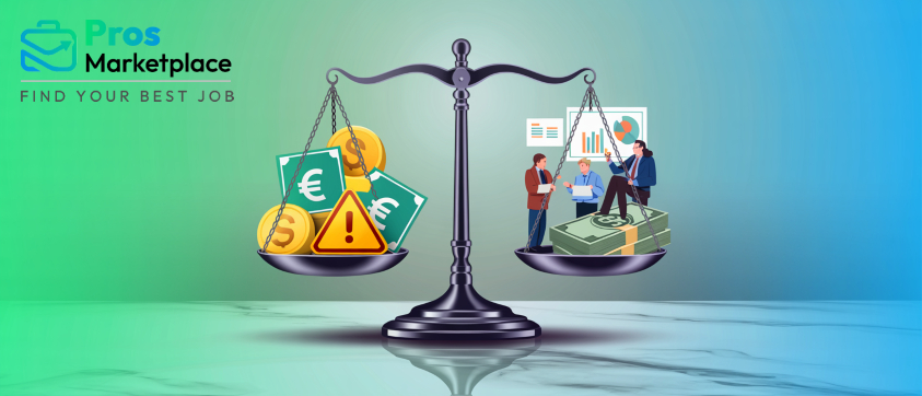 A balanced scale comparing financial risk and reward; one side shows warning signs and foreign currency, the other side displays businesspeople discussing finances over a stack of cash.