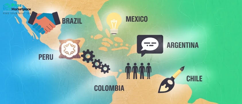 Illustrated map of Latin America highlighting Brazil, Mexico, Argentina, Colombia, Peru, and Chile with icons representing key remote work trends.