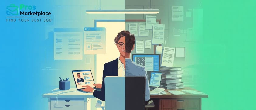 A professional working in a half-remote, half-traditional office setup, representing the transition to remote work models.