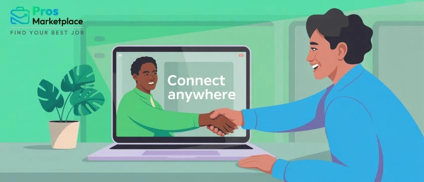 Two professionals shaking hands through a video call, symbolizing global remote work and virtual collaboration.