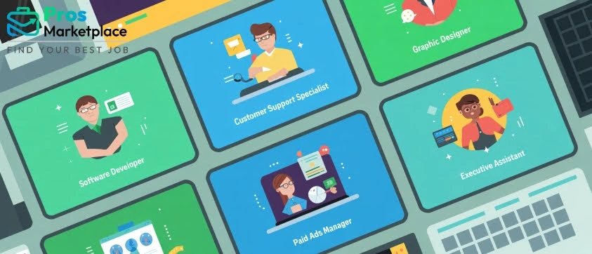 Digital screen layout showing remote job roles like Software Developer, Graphic Designer, Customer Support, and Executive Assistant.