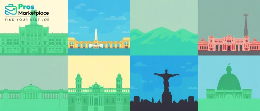 Stylized illustrations of iconic buildings and landmarks from major Latin American cities, representing regional hiring hubs.