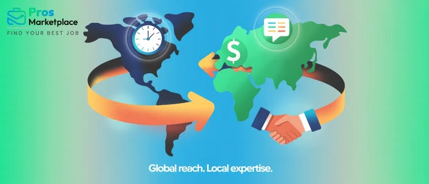 Graphic of two continents connected by arrows and symbols for time, money, and communication, illustrating global outsourcing and local expertise.