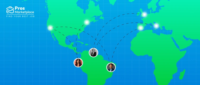 Colorful illustration of remote work collaboration across countries, with arrows connecting various professionals working online using tools like laptops, microphones, and chat bubbles. Pros Marketplace logo in the corner